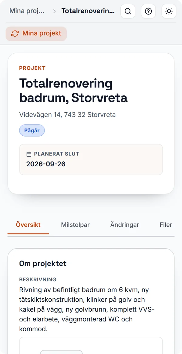 Kunden följer sitt byggprojekt i mobilen