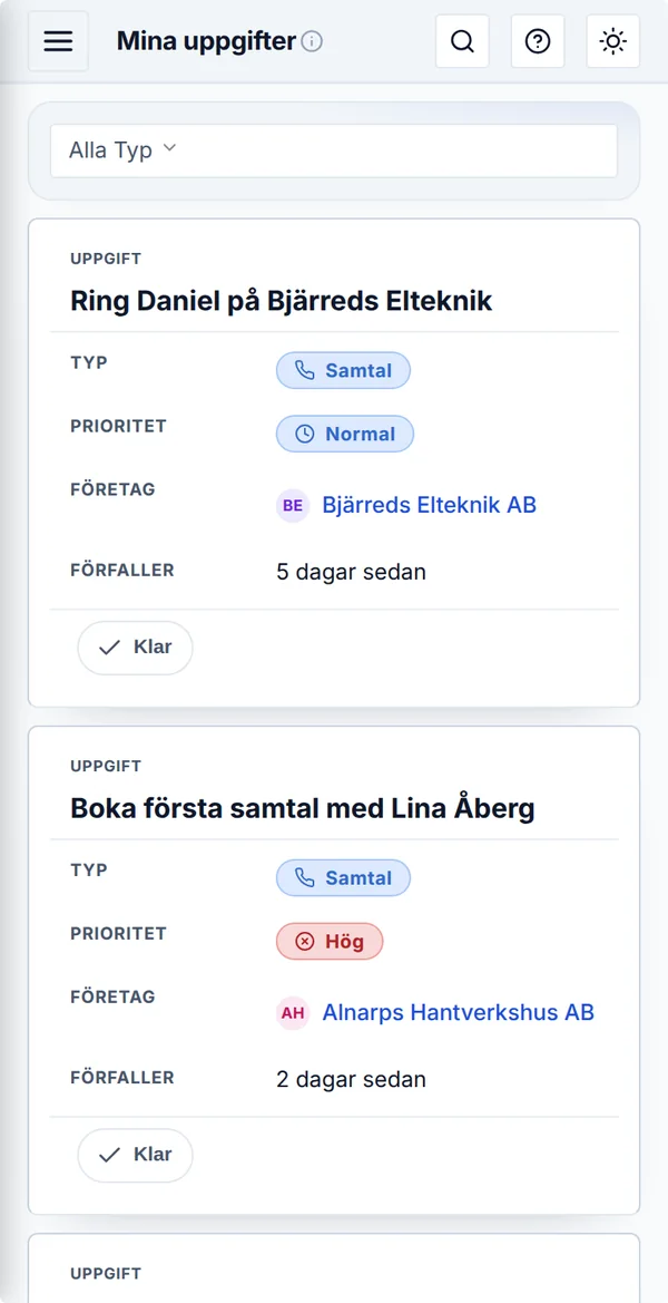 Samma CRM i mobilen: mina uppgifter
